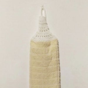 May include: A beige kitchen towel with a white crocheted loop at the top. The towel is hanging from a hook.