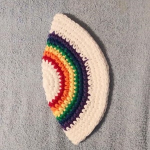 Yarmulke Kippot Kippah Frik Crocheted Cotton White with Rainbow 7.5 inches image 1