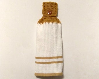 Crochet Top Hanging Kitchen Towel White with Gold Top and Stripes Crochet Top Kitchen Towel