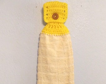 Hanging Kitchen Towel Crochet Top Double Layered Towel Off White  Towel Yellow Button Top