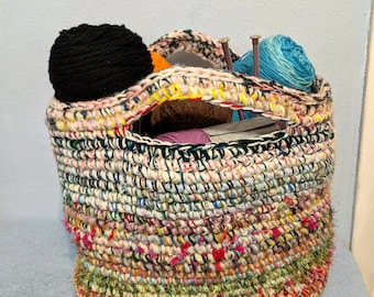 Large Multi Color Crocheted Basket Tote Heavy Duty With Handles 16 x 13 inches