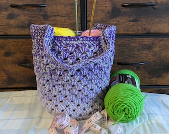 Handmade Crochet Granny Square Shopping Tote Bag Sparkle Gray & Purple