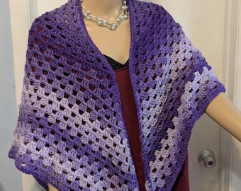 Crocheted Purple Granny Square Triangle Shawl – Handmade Lightweight Wrap in Shades of Lavender, Lilac & Violet