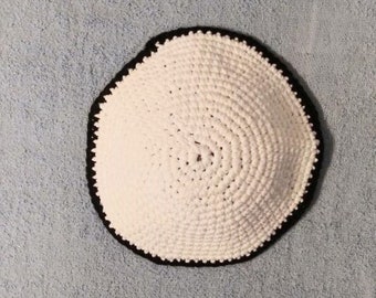 Yarmulke Kippot Kippah Frik Crocheted Cotton White with Black Trim 9 inches