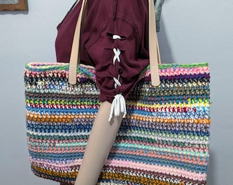 Handmade Multi-Color Crochet Tote Bag with Handles and Snap Closure