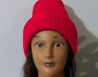 Machine Knit Cap Beanie: Double Thick Reversible Winter Hat Red