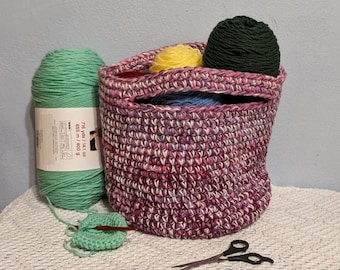 Large Storage Basket Tote  Heavy Duty Crocheted Multi Color Yarn Boho With Handles