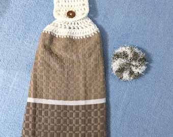 Handmade Crochet Hanging Kitchen Towel with Scrub Pad – Brown, Tan, White