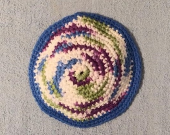 Yarmulke Kippot Kippah Frik Crocheted Cotton Mixed Colors Blue Trim  7.5 inches