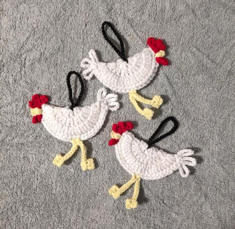 Crocheted Chicken Luggage Tags, Gift Tags, Country Decor, Christmas Ornaments, Car Accessories Handmade Your Choice Set of Three White