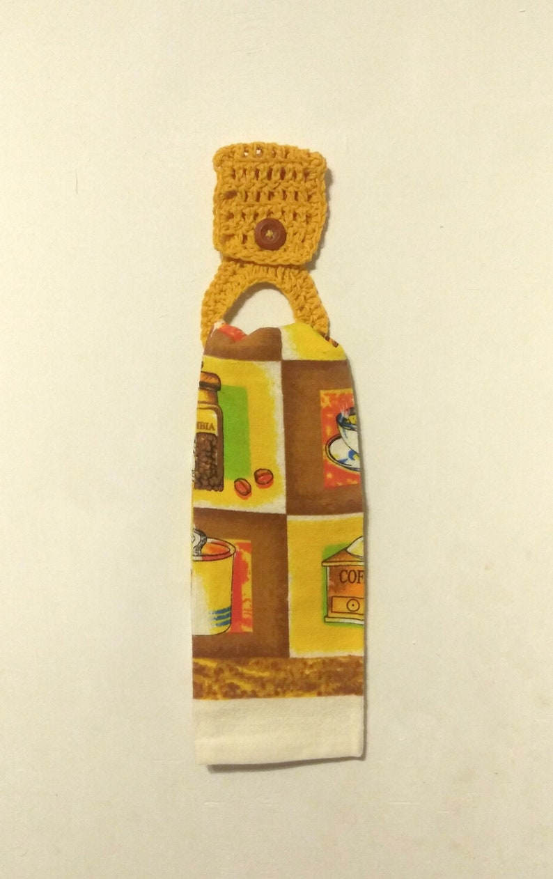 Full Size Kitchen Towel with Removable Crochet Towel Holder Coffee Theme Crochet Top Kitchen Towel image 1