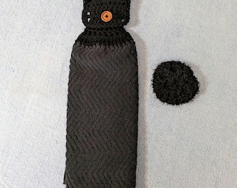 Crochet  Black Hanging Kitchen Towel & Black and Scrubby Set - Button Closure