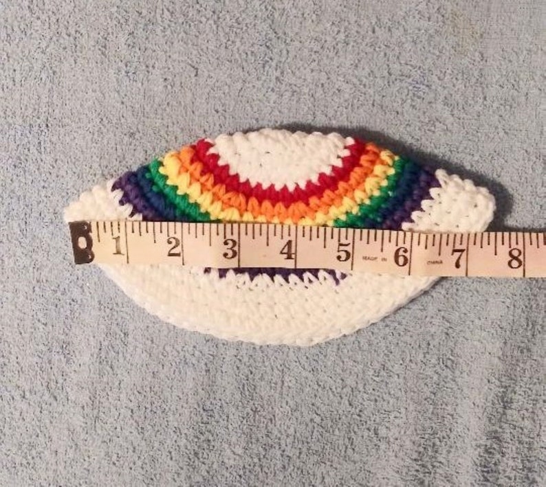 Yarmulke Kippot Kippah Frik Crocheted Cotton White with Rainbow 7.5 inches image 2