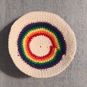 Yarmulke Kippot Kippah Frik Crocheted Cotton White with Rainbow 7.5 inches image 4