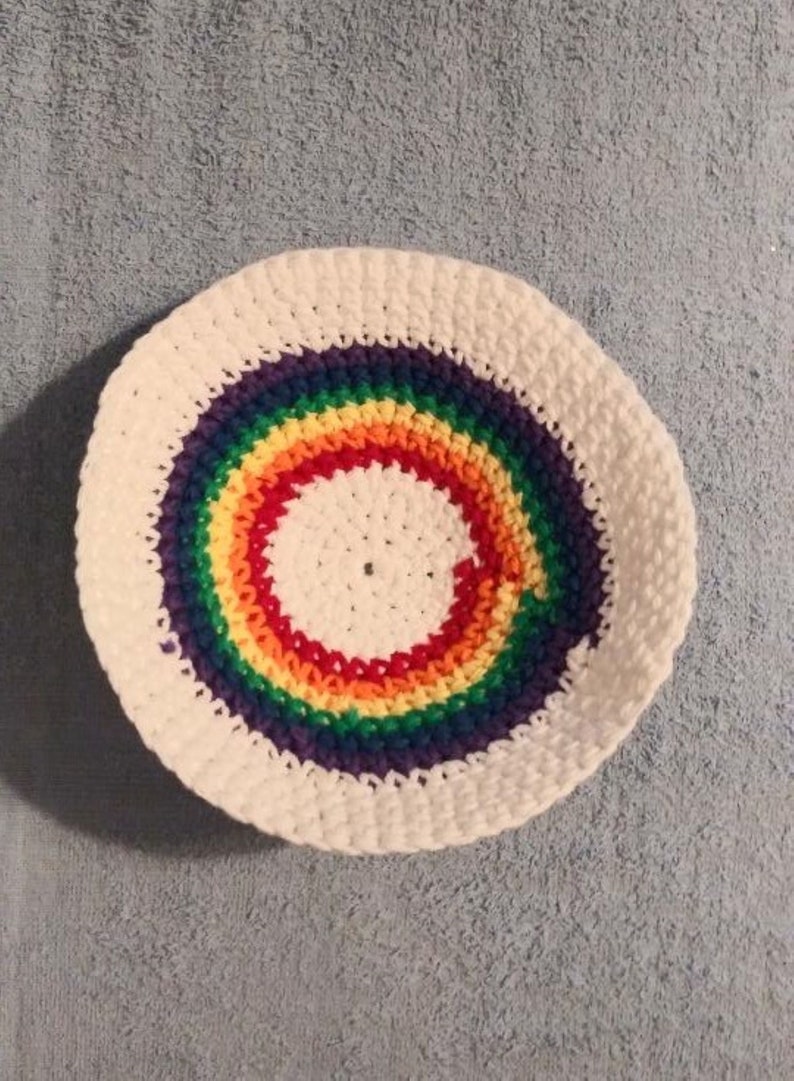 Yarmulke Kippot Kippah Frik Crocheted Cotton White with Rainbow 7.5 inches image 4