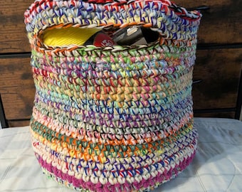Large Multi-Color Crocheted Storage Basket Tote with Handles 15 x 14