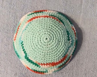 Yarmulke Kippot Kippah Frik Crocheted Cotton Mint with Orange White Green Blue Mix  9 inches