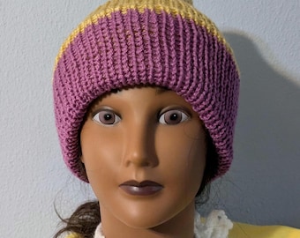Machine Knit  Beanie: Double Thick Reversible Winter Hat