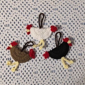 Crocheted Chicken Luggage Tags, Gift Tags, Country Decor, Christmas Ornaments, Car Accessories Handmade Your Choice Set of Three Brown White Black