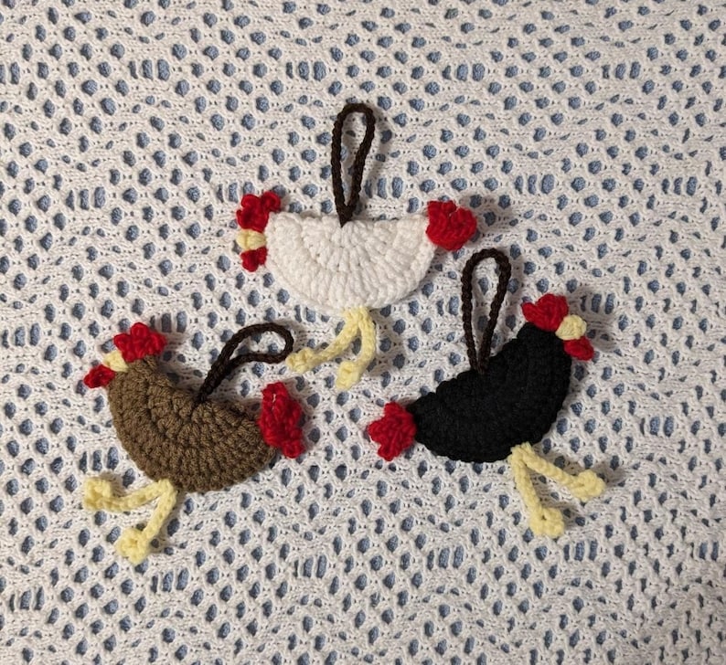 Crocheted Chicken Luggage Tags, Gift Tags, Country Decor, Christmas Ornaments, Car Accessories Handmade Your Choice Set of Three image 1