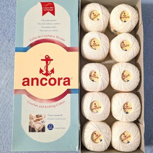 Hilo de ganchillo Vintage Anchor Art 4441, tamaño 6, 100% algodón, ovillos de 50 g, caja a granel, lote de 10, hilo de encaje blanco/crudo.
