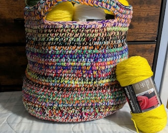 Large Multi-Color Crocheted Storage Basket: Heavy Duty Office Decor 15 x 15