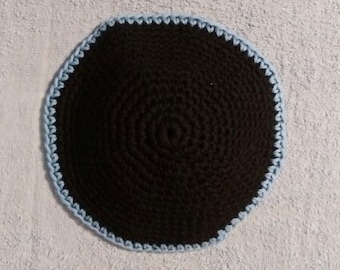 Crocheted Yarmulke Kippot Kippah Frik Cotton Black with Blue Trim 8 inches