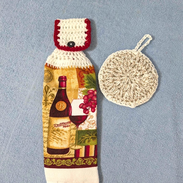 Handmade Crochet Hanging Kitchen Towel with Scrub Pad – Wine Theme