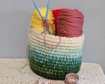 Catch All Basket Bag Crocheted Blended Colors Shades of Greens, Blues and White