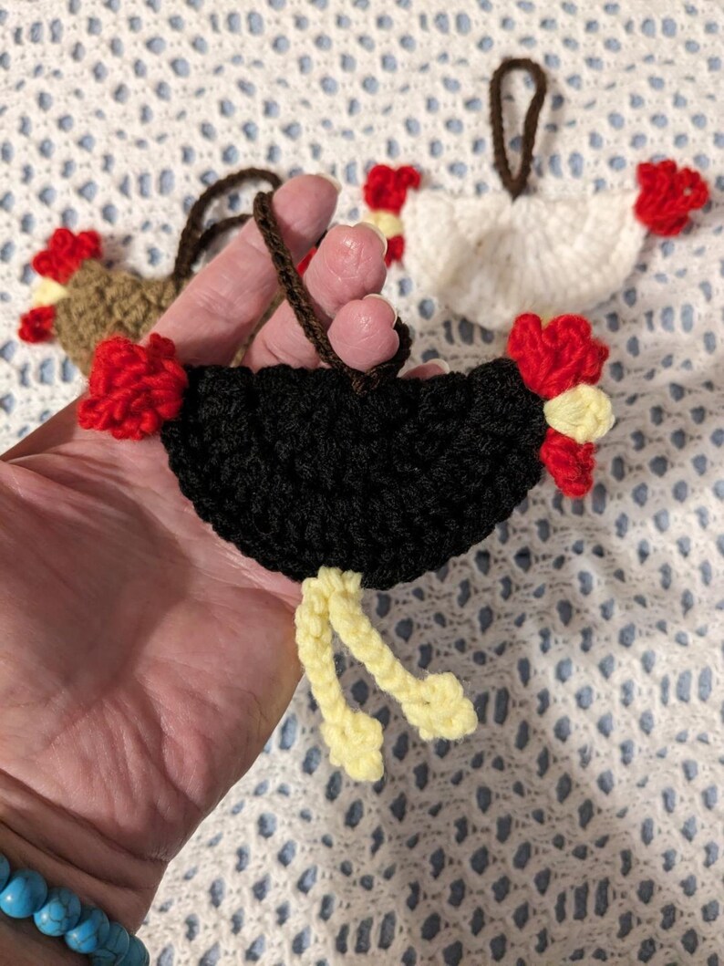 Crocheted Chicken Luggage Tags, Gift Tags, Country Decor, Christmas Ornaments, Car Accessories Handmade Your Choice Set of Three image 9