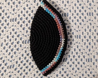 Crocheted Cotton Kippah: Black Yarmulke with Mixed Color Trim (8.5 inches)