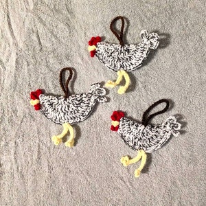 Crocheted Chicken Luggage Tags, Gift Tags, Country Decor, Christmas Ornaments, Car Accessories Handmade Your Choice Set of Three Silver Wyandotte