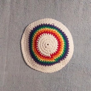 Yarmulke Kippot Kippah Frik Crocheted Cotton White with Rainbow 7.5 inches image 3
