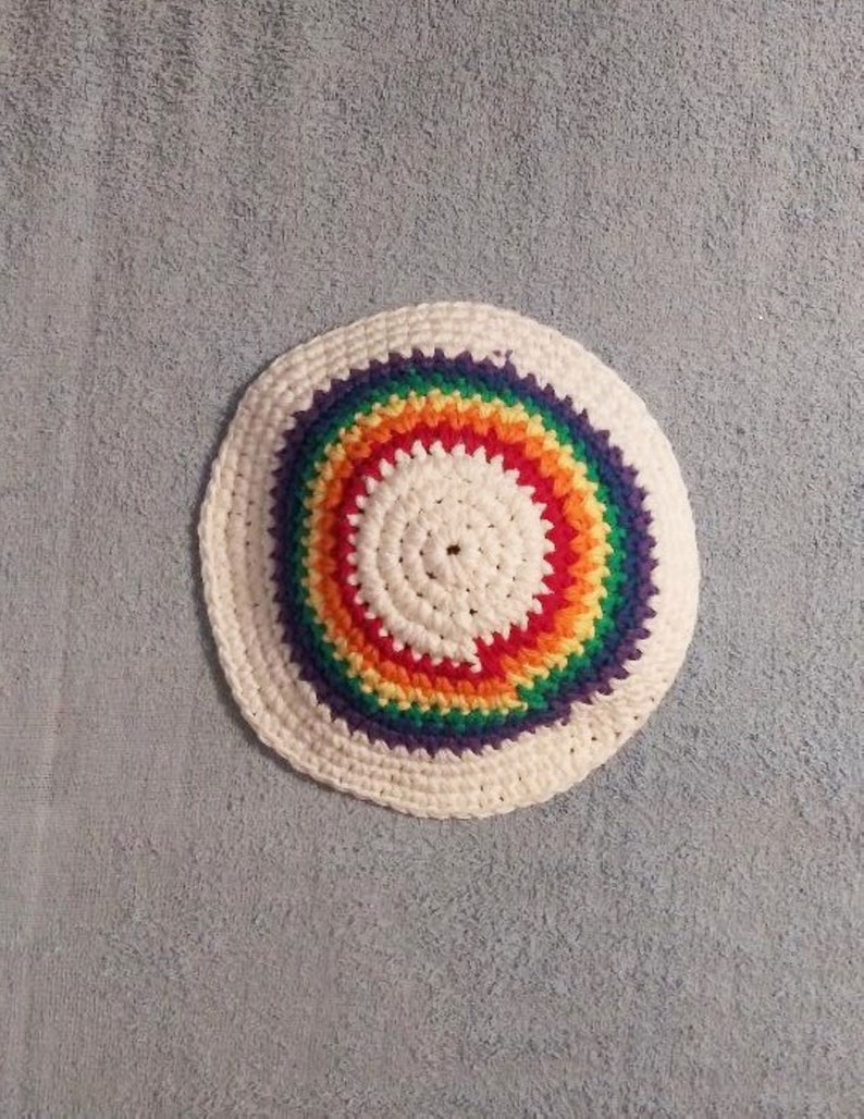 Yarmulke Kippot Kippah Frik Crocheted Cotton White with Rainbow 7.5 inches image 3