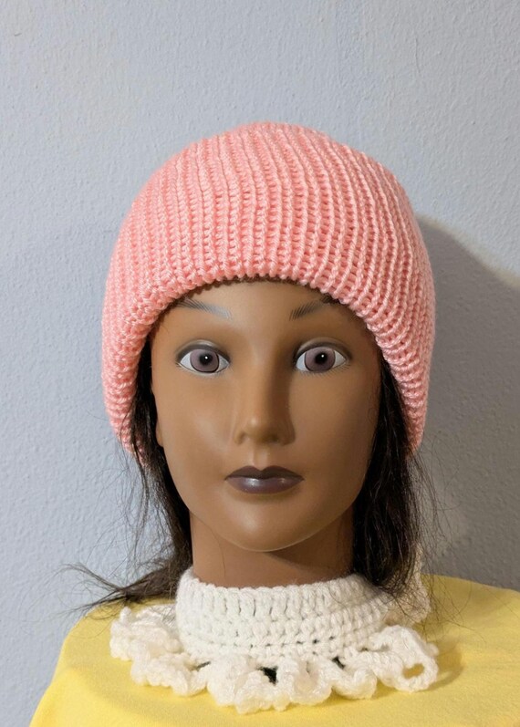 Machine Knit Acrylic Beanie: Double Thick Reversible Winter Hat