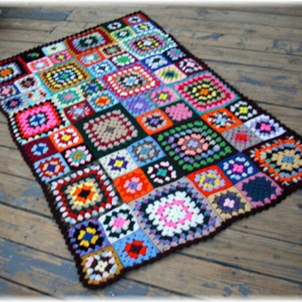 Afghan Throw Babette Blanket Multi Color Mixed Size Crochet Granny Squares SALE