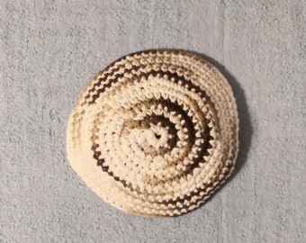 Crocheted Yarmulke Kippot Kippah Frik Cotton  Brown Shades, White Mix 8 inches