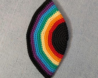 Yarmulke Kippot Kippah Frik Crocheted Cotton Black with Rainbow Colors Black Trim 10-11 inches