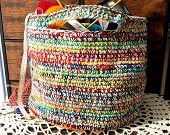 Large Crocheted Storage Basket Colorful Tote Heavy Duty Laundry Bag 19 x 15
