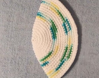 Yarmulke Kippot Kippah Frik Crocheted Cotton White with Stripes of Blue White Green Yellow Mix  9 inches