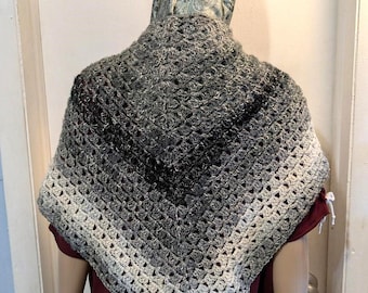 Crocheted Triangle Shawl – Lightweight Wrap in Shades of White Gray and Black