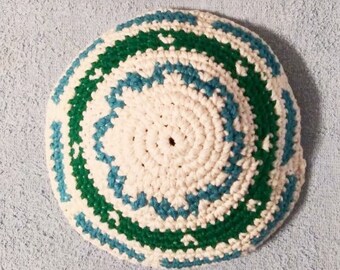 Yarmulke Kippot Kippah Frik Crocheted Cotton Aqua Blue White and Green 9 inches