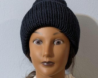 Machine Knit  Beanie: Double Thick Reversible Winter Hat