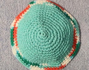 Crocheted Yarmulke Kippot Kippah Frik Cotton Aqua Blue Teal Green Salmon White Trim 8 inches