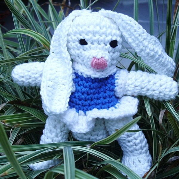Stuffed Cotton Bunny Rabbit with Blue and White Dress