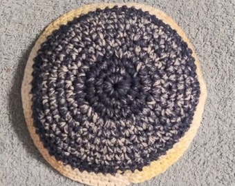 Yarmulke Kippot Kippah Frik Crocheted Cotton White Blue Denim Splash  Tan White Trim 6.5 inches