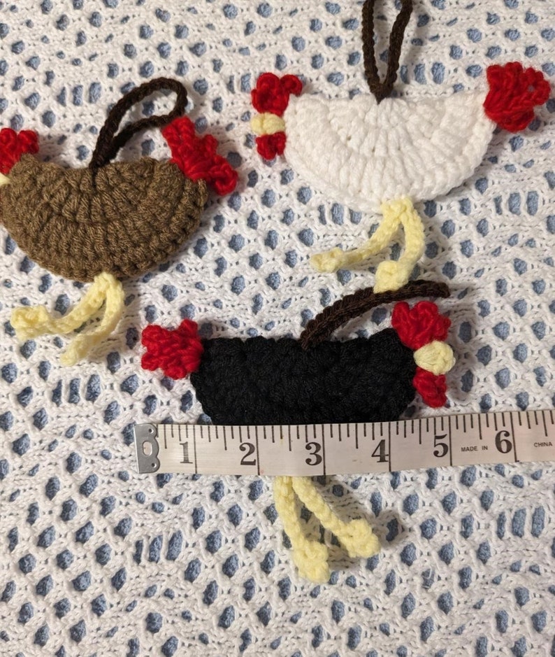 Crocheted Chicken Luggage Tags, Gift Tags, Country Decor, Christmas Ornaments, Car Accessories Handmade Your Choice Set of Three image 7