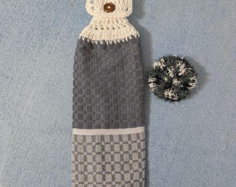 Crochet Hanging Kitchen Towel & Scrubby Set – Gray and White