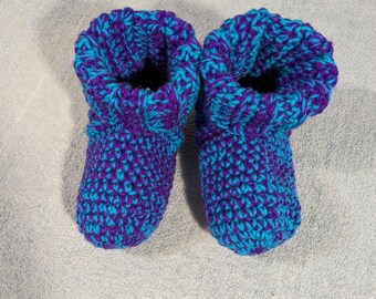 Adult / Teen Crochet Slipper Socks - Teal Blue and Purple Size 7/8