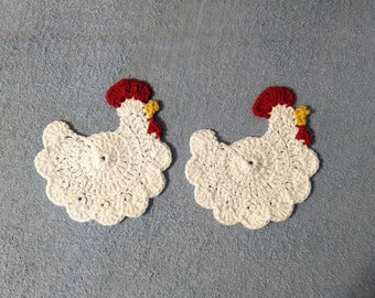 Chicken Coasters Crochet Cotton White Set of Two Handmade in USA